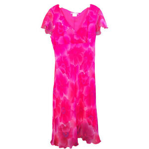 Vintage La Belle Hot Pink Floral Empire‎ Waist Chiffon Flowy Lined Maxi Dress